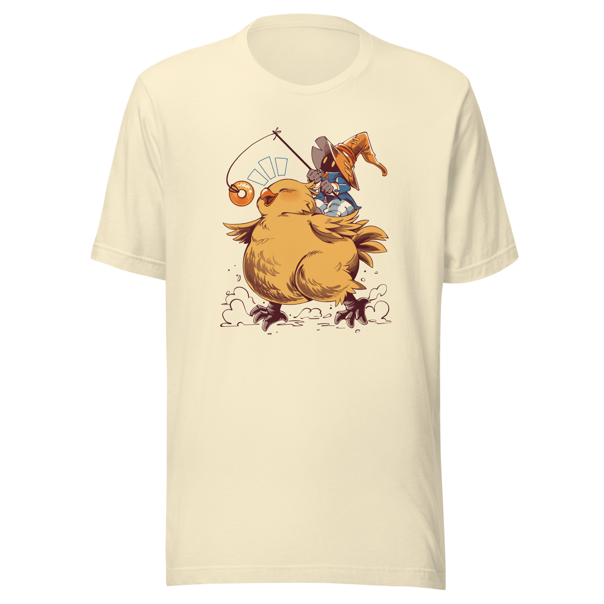 A tiny wizard rides a chunky yellow bird while chasing a dangling donut, mixing cute fantasy chaos, retro RPG charm, and playful adventure in a fun whimsical design.