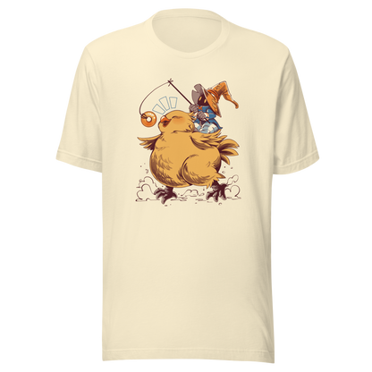 A tiny wizard rides a chunky yellow bird while chasing a dangling donut, mixing cute fantasy chaos, retro RPG charm, and playful adventure in a fun whimsical design.