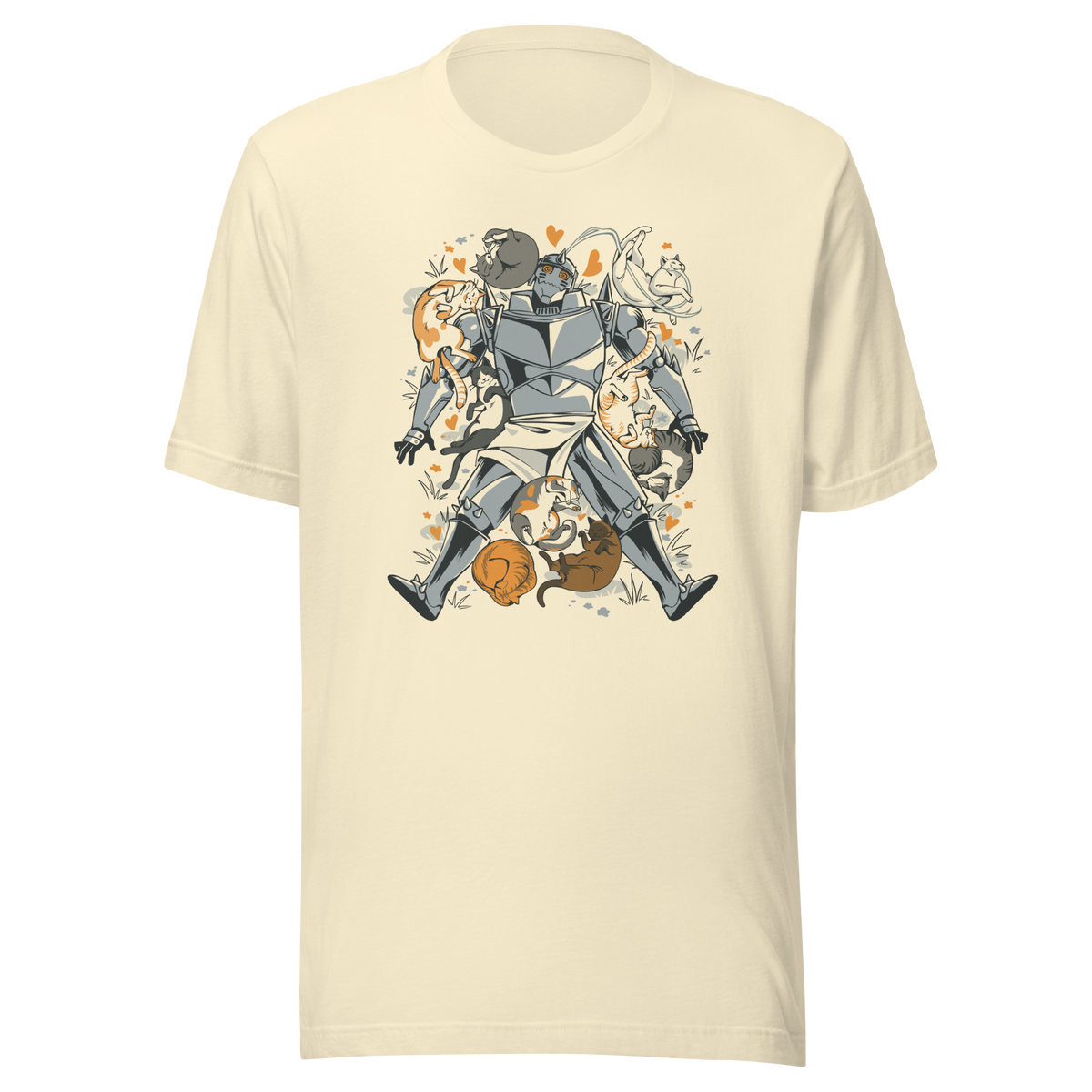 A steel-armored warrior surrounded by sleeping and playful cats, with orange hearts and tiny flowers scattered around. The humorous illustration combines medieval armor with a cozy feline theme.