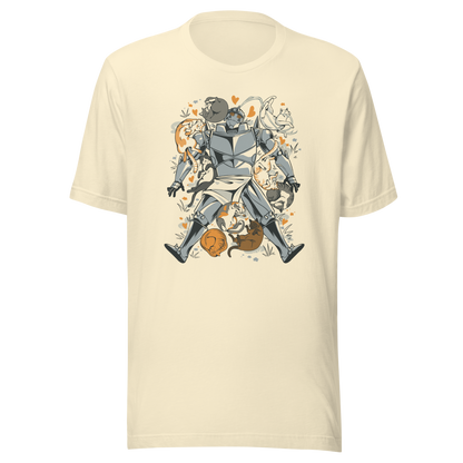 A steel-armored warrior surrounded by sleeping and playful cats, with orange hearts and tiny flowers scattered around. The humorous illustration combines medieval armor with a cozy feline theme.