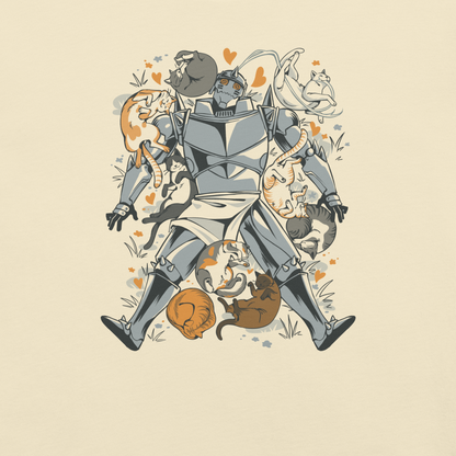 A steel-armored warrior surrounded by sleeping and playful cats, with orange hearts and tiny flowers scattered around. The humorous illustration combines medieval armor with a cozy feline theme.