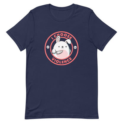 A cute white cartoon bunny with a pink belly stands holding a large kitchen knife in one paw. Surrounding the bunny is a red circular border with the words 'I CHOOSE VIOLENCE'. Small skull icons are on either side of the circle. The overall tone is a mix of adorable and ironic humor.