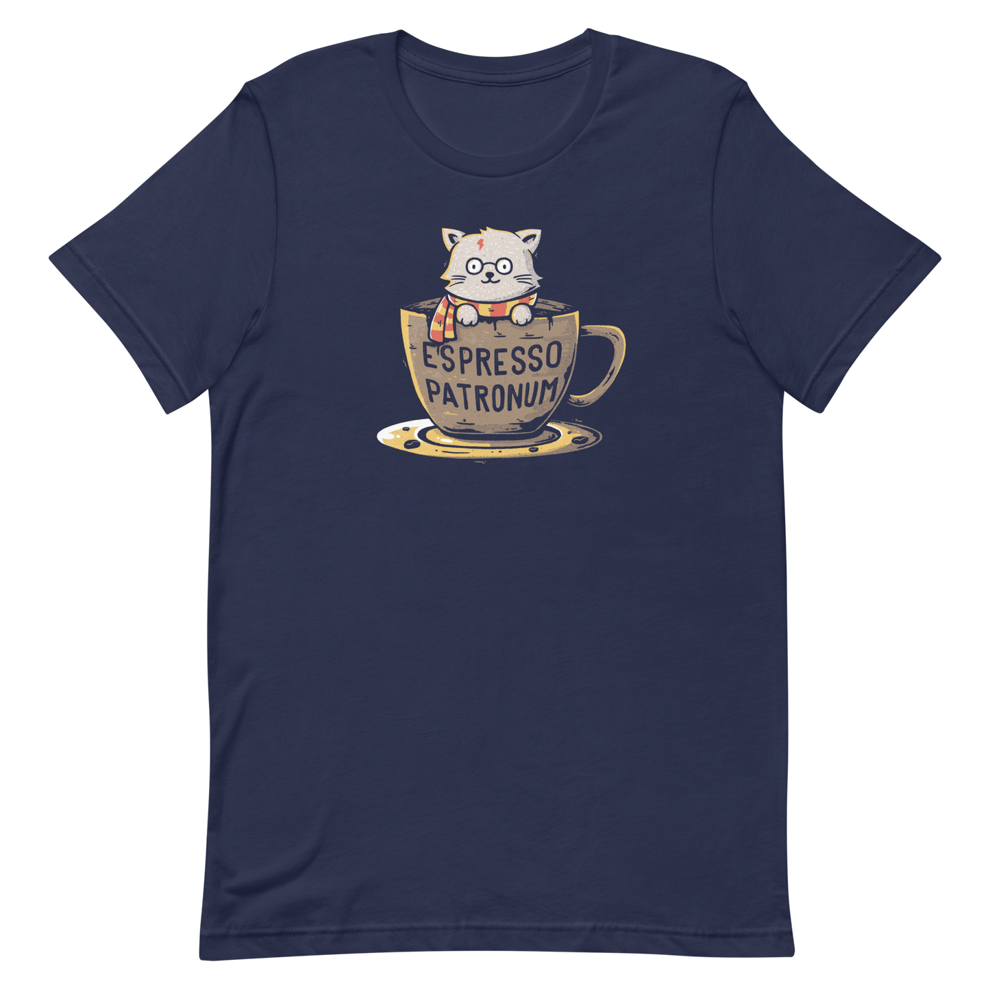 This design features an adorable cartoon cat with glasses and a lightning-shaped scar, wearing a striped scarf, sitting inside a large coffee cup. The cup has the humorous phrase 'Espresso Patronum' printed on it. The overall style is whimsical and playful, blending cute and nerdy elements. The cat appears to be a parody of a popular fictional character associated with magic and wizardry.