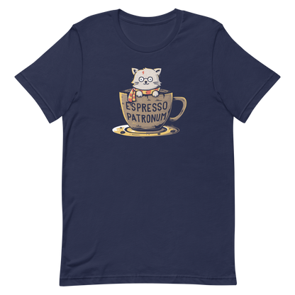 This design features an adorable cartoon cat with glasses and a lightning-shaped scar, wearing a striped scarf, sitting inside a large coffee cup. The cup has the humorous phrase 'Espresso Patronum' printed on it. The overall style is whimsical and playful, blending cute and nerdy elements. The cat appears to be a parody of a popular fictional character associated with magic and wizardry.