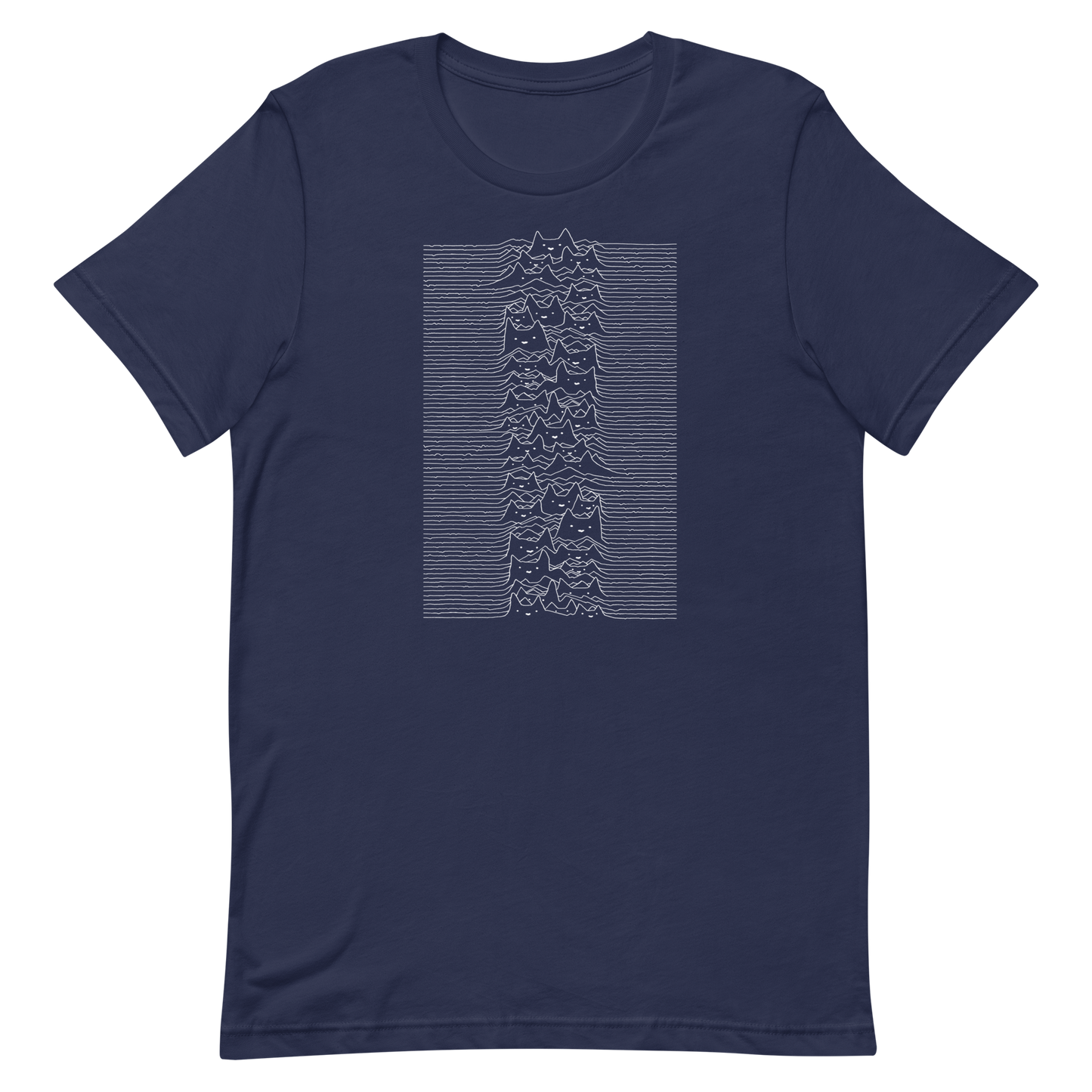 The drawing is a series of continuous wavy lines forming a pattern reminiscent of sound waves or topographic maps, but with an unexpected twist: the lines create the shapes of numerous cat faces stacked vertically. Each cat has simple, expressive features with pointed ears, adding a whimsical element to the otherwise structured pattern.