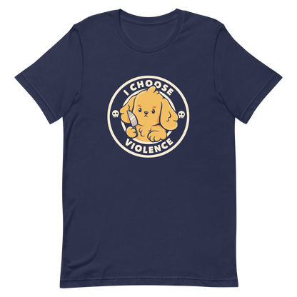 A cute yellow cartoon dog holds a small knife, surrounded by a circular logo that reads 'I Choose Violence'. The dog's expression is serious, yet the overall style is playful and cute. Two small skull icons are on either side, adding an ironic tone to the cheerful design.