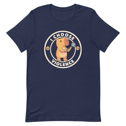 A cute, cartoonish burnt yellow capybara stands holding a spiked mace with a determined expression. Surrounding it is a circular design with the text 'I CHOOSE VIOLENCE' and two small skulls on either side, giving it a humorous yet ironic tone.