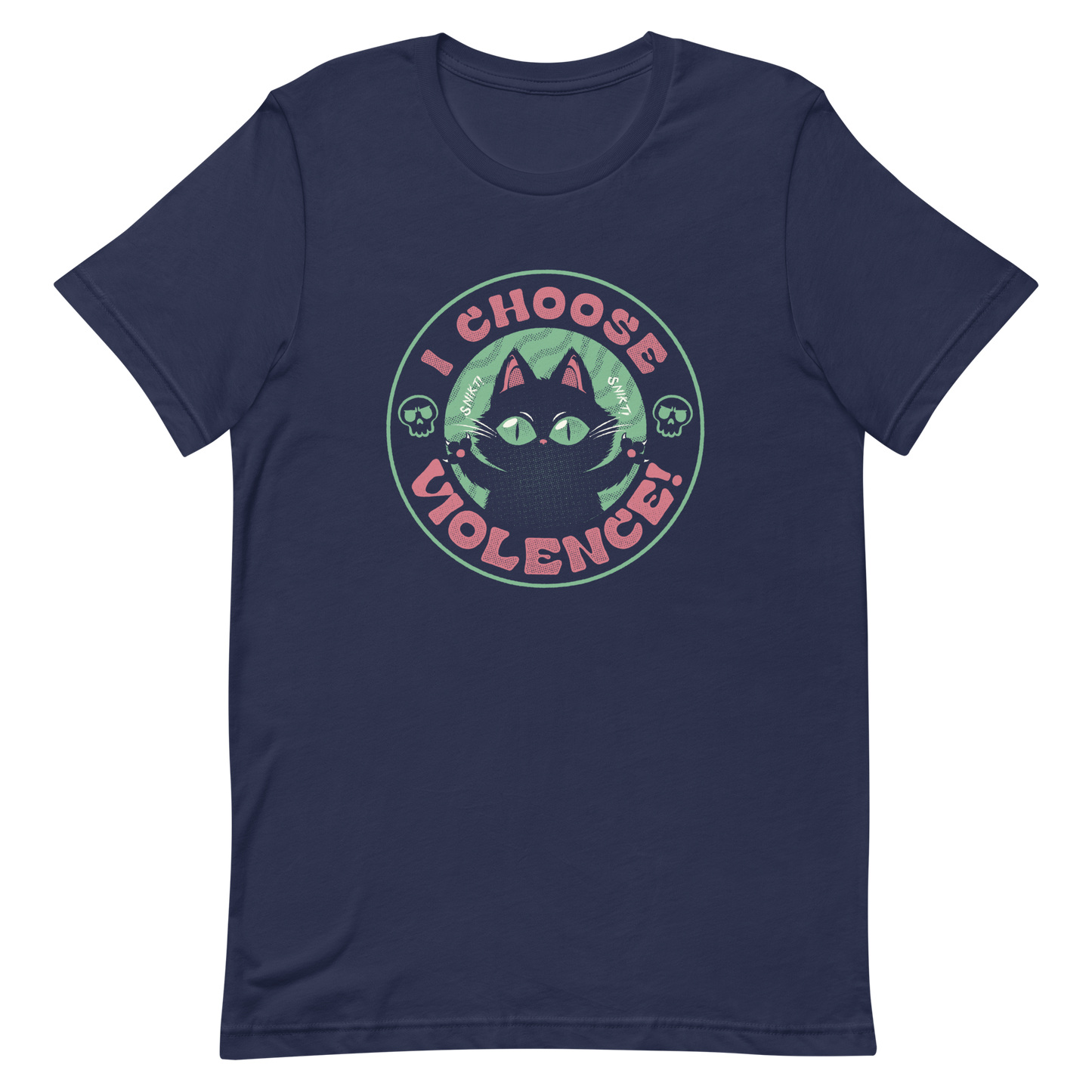 The image features a black cartoon-like cat with large, bright eyes and pointed ears, with a defiant look on its face. The cat is centered within a circular border. Surrounding the cat, the text reads 'I CHOOSE VIOLENCE!' in bold, playful font. There are also small skull illustrations flanking the cat on either side, adding a dark yet humorous tone to the design.