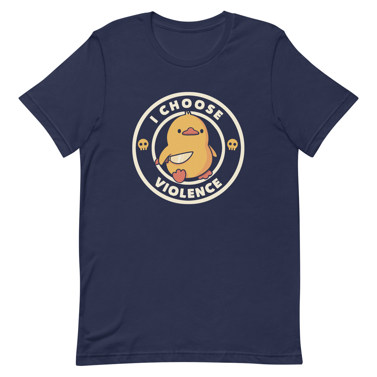 A cute, cartoon-style yellow duckling stands confidently holding a large knife in its wing. The duckling is encircled by text saying 'I CHOOSE VIOLENCE' in bold white letters. Small skull symbols flank the chick on either side, adding a touch of humor and irony to the otherwise adorable drawing.