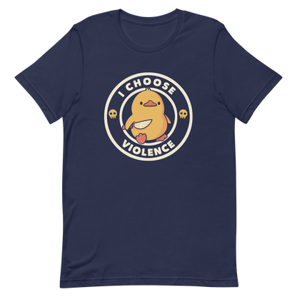 A cute, cartoon-style yellow duckling stands confidently holding a large knife in its wing. The duckling is encircled by text saying 'I CHOOSE VIOLENCE' in bold white letters. Small skull symbols flank the chick on either side, adding a touch of humor and irony to the otherwise adorable drawing.