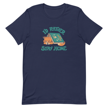 Sleeping orange cat under a book labeled 'Home Sweet Home' with the motto 'I'D RATHER STAY HOME'.