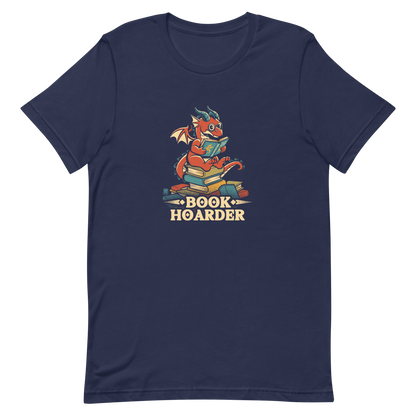 Perched atop his treasure trove of books, this red nerdy dragon is ready to devour epic adventures, magic tales, and fantasy worlds. The words 'BOOK HOARDER' are placed at the bottom of the design.