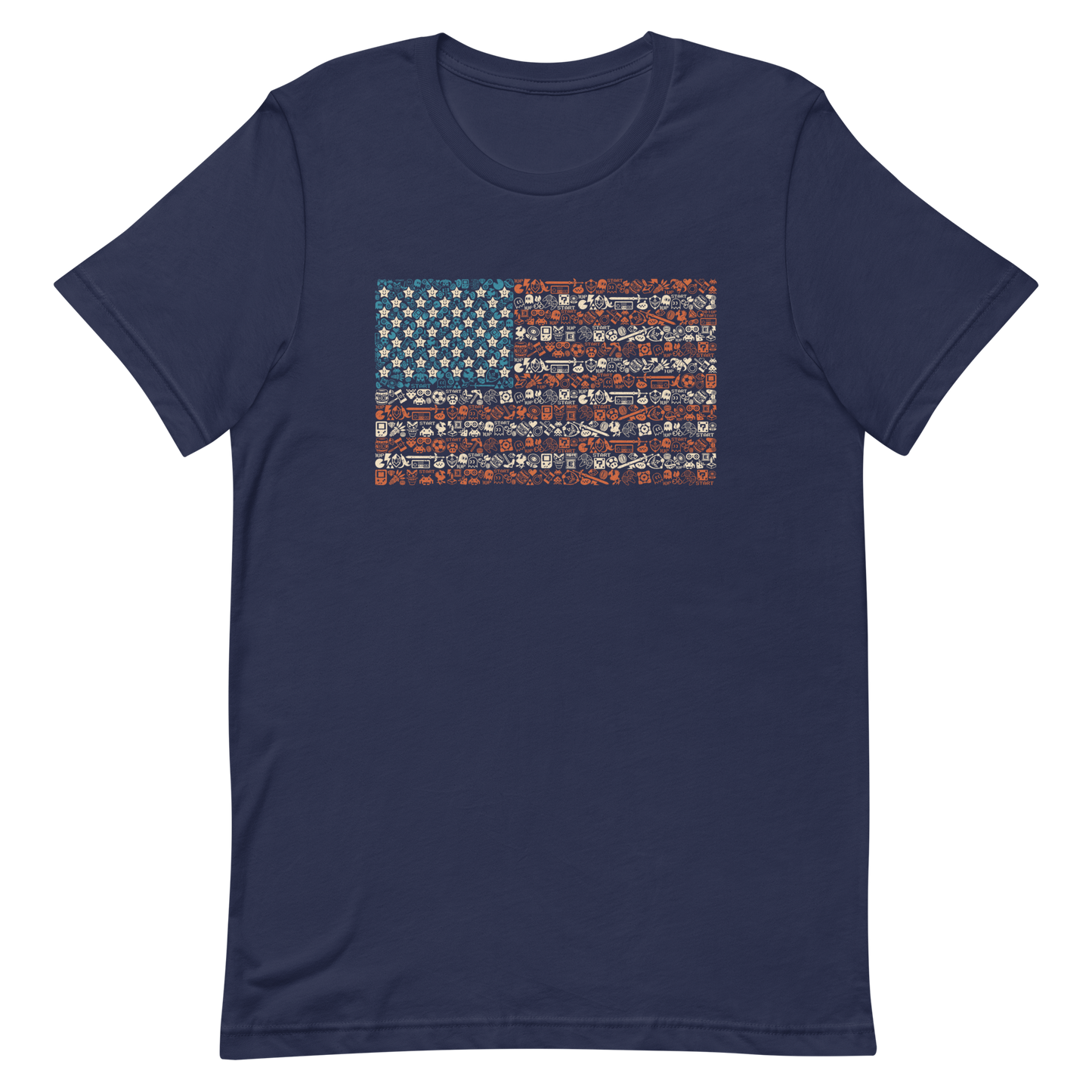 American flag illustration made entirely of retro video game icons, controllers, characters, and symbols in blue, red, and beige, arranged to form the stars and stripes.