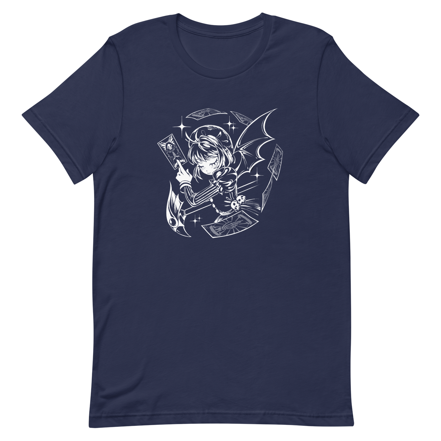 Black-and-white illustration of a gothic anime-style girl with bat wings, holding a magical card while floating cards swirl around her, along with sparkles and a stylized scepter.