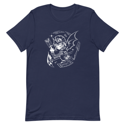 Black-and-white illustration of a gothic anime-style girl with bat wings, holding a magical card while floating cards swirl around her, along with sparkles and a stylized scepter.