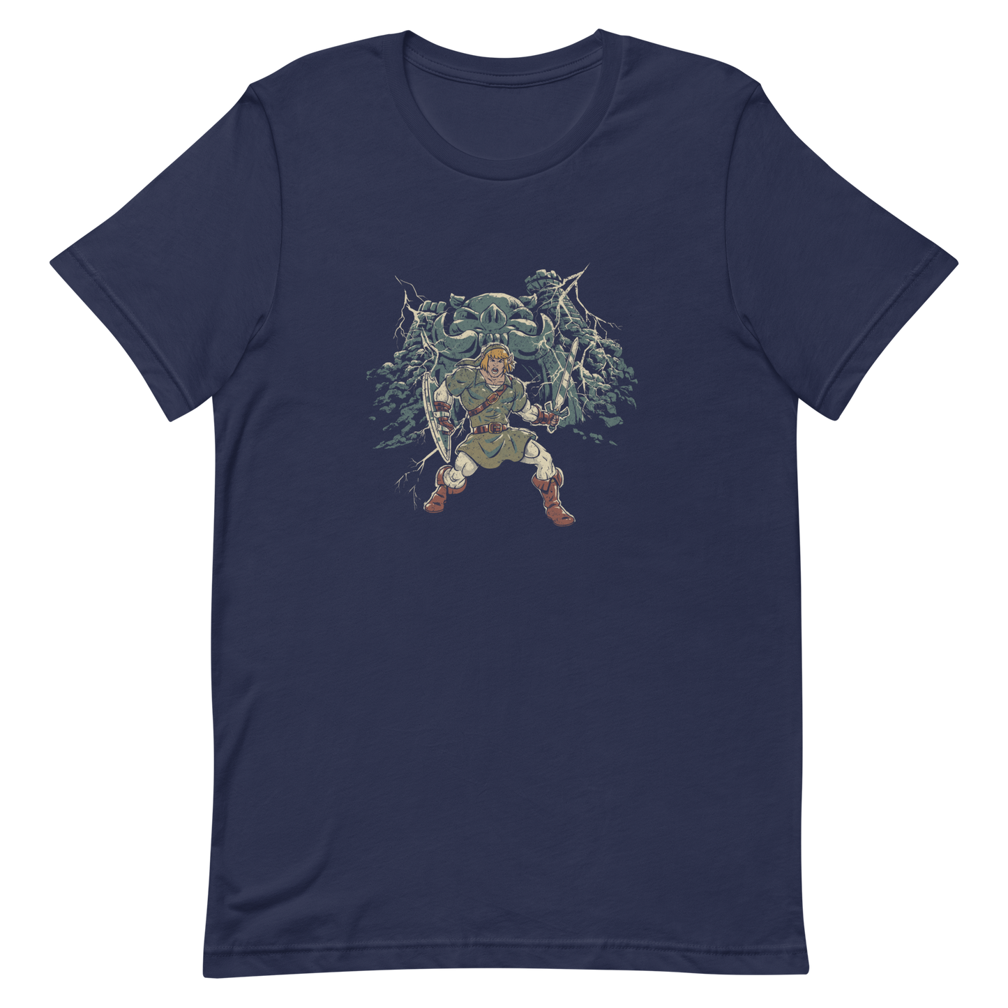 A fierce warrior stands with sword and shield, lightning cracking behind him as he screams in defiance — mixing classic fantasy aesthetics with retro game frustration.