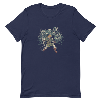 A fierce warrior stands with sword and shield, lightning cracking behind him as he screams in defiance — mixing classic fantasy aesthetics with retro game frustration.