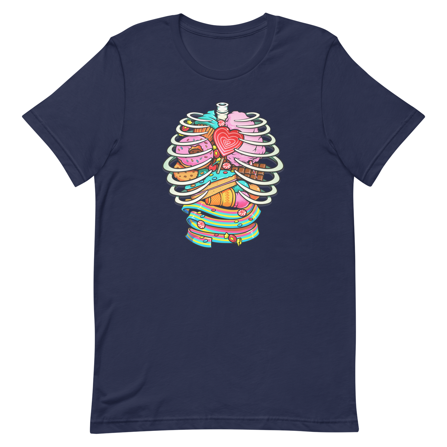 This vibrant design features a detailed, cartoonish human ribcage with various colorful candies and sweets filling the cavity. The sweets include a heart-shaped lollipop, cookies, cotton candy, chocolate bars, ice cream, donuts, and colorful candy strips. The style is reminiscent of pop art with bold lines and vivid colors, making it visually striking and playful.