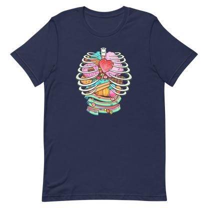 This vibrant design features a detailed, cartoonish human ribcage with various colorful candies and sweets filling the cavity. The sweets include a heart-shaped lollipop, cookies, cotton candy, chocolate bars, ice cream, donuts, and colorful candy strips. The style is reminiscent of pop art with bold lines and vivid colors, making it visually striking and playful.