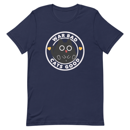 A chubby black cat with big round eyes sits in the center of a circle with the words “War Bad, Cats Good.” This artwork mixes cuteness with a powerful message, reminding us that peace and love always win over conflict. Perfect for cat lovers, peace advocates, and anyone who enjoys playful yet meaningful designs.