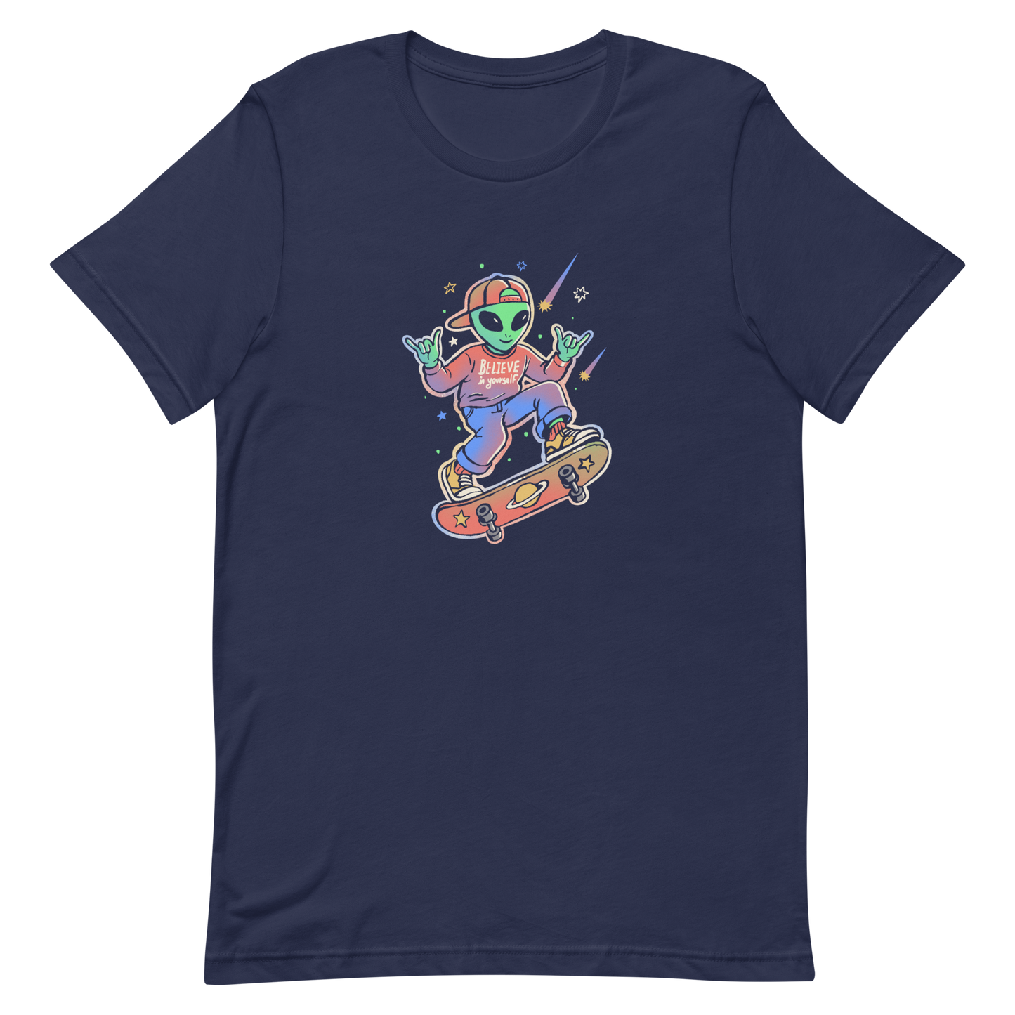A stylish alien rides a cosmic skateboard, wearing a sweatshirt that says "Believe in Yourself". The artwork blends humor, urban culture, and a space-themed feel with vibrant colors. Ideal for alien fans, skateboard lovers, and anyone who enjoys creative prints with a positive message.