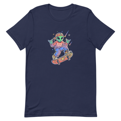 A stylish alien rides a cosmic skateboard, wearing a sweatshirt that says "Believe in Yourself". The artwork blends humor, urban culture, and a space-themed feel with vibrant colors. Ideal for alien fans, skateboard lovers, and anyone who enjoys creative prints with a positive message.