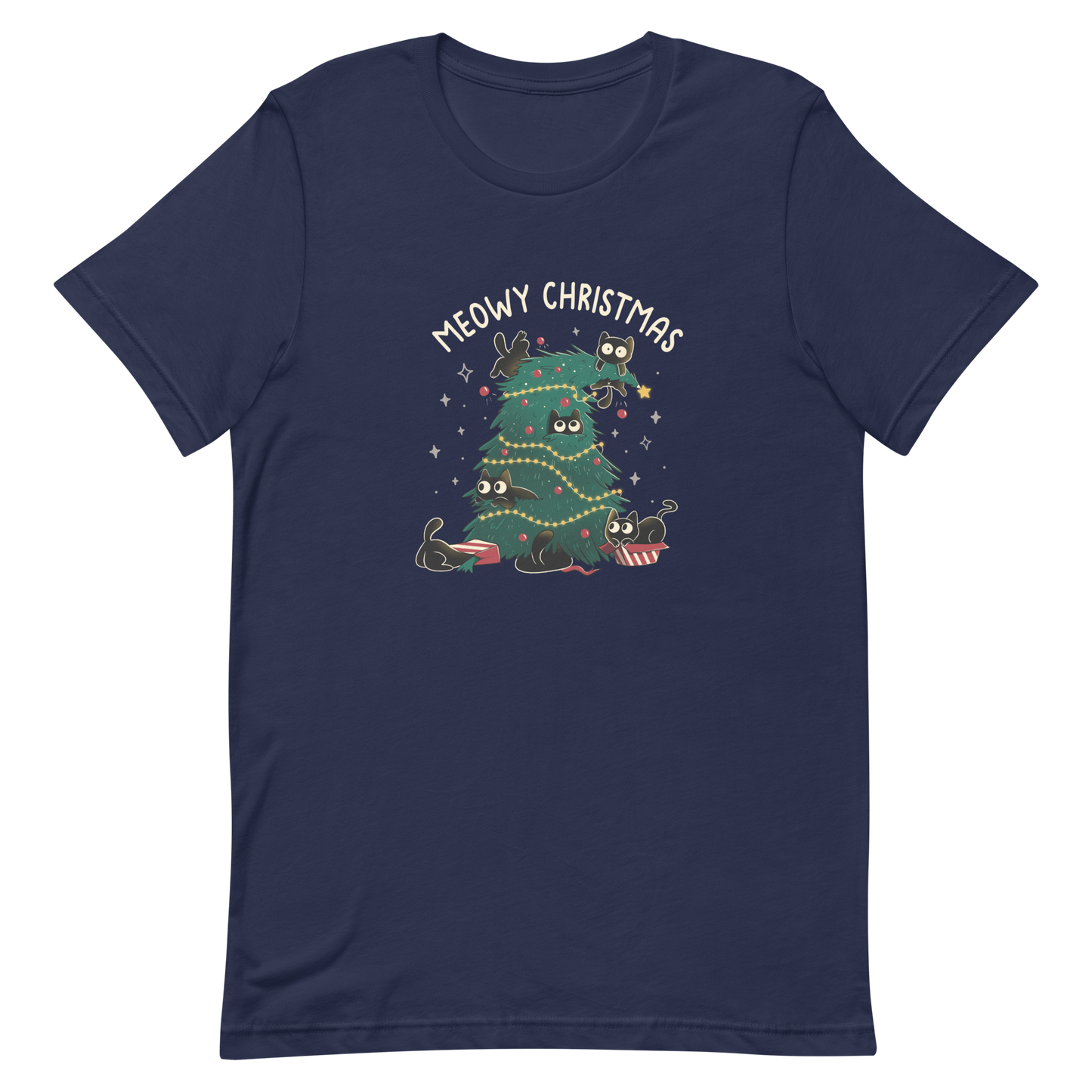 A Christmas tree full of black kittens hanging from it as if they were playing with it, an art that plays on how cats love Christmas trees. A perfect gift for anyone who loves Christmas and cats.