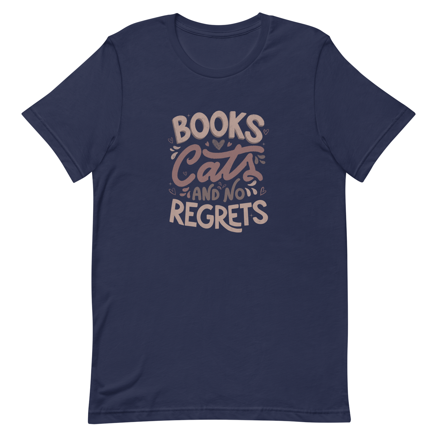 A stylish lettering with the phrase "Books, Cats, and No Regrets," decorated with hearts and cute details, conveys the idea that books and cats are all we need for a happy, regret-free life. Perfect for book lovers and cat lovers who enjoy prints full of personality.