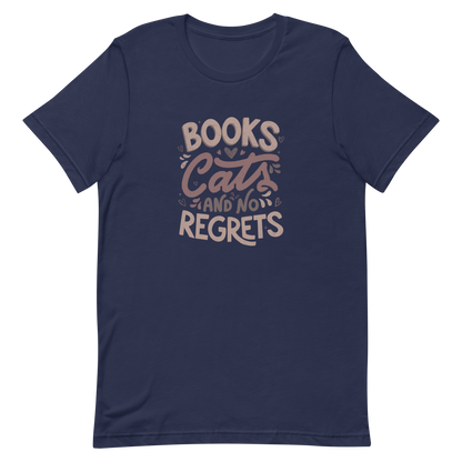 A stylish lettering with the phrase "Books, Cats, and No Regrets," decorated with hearts and cute details, conveys the idea that books and cats are all we need for a happy, regret-free life. Perfect for book lovers and cat lovers who enjoy prints full of personality.