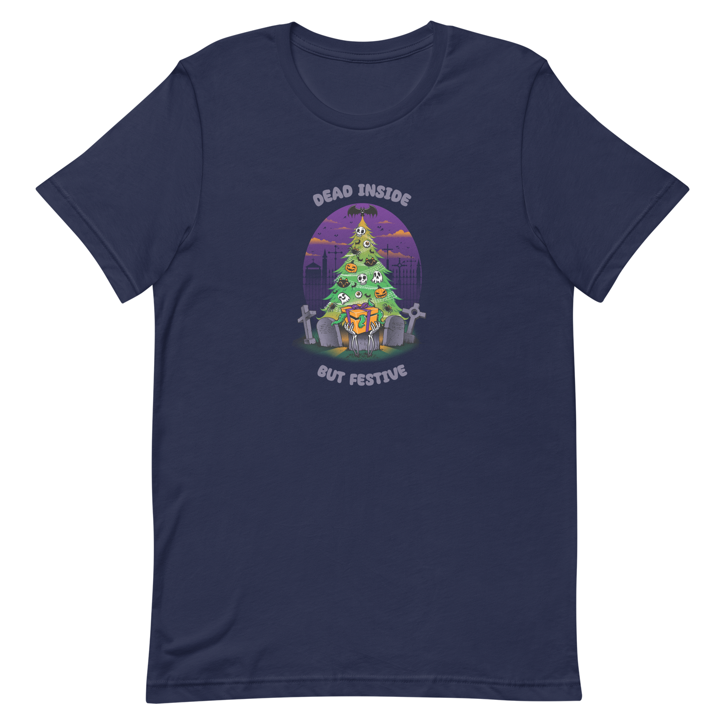 A quirky illustration features a Christmas tree decorated with skulls, pumpkins, and bats, set in a graveyard. The sky is purple and orange, with bats and tombstones surrounding the tree. A skeleton hand holds a festive gift box at the base. Above, text reads "Dead Inside" and below, "But Festive". The design combines Halloween and Christmas elements in a humorous style, highlighting a gothic and festive theme.