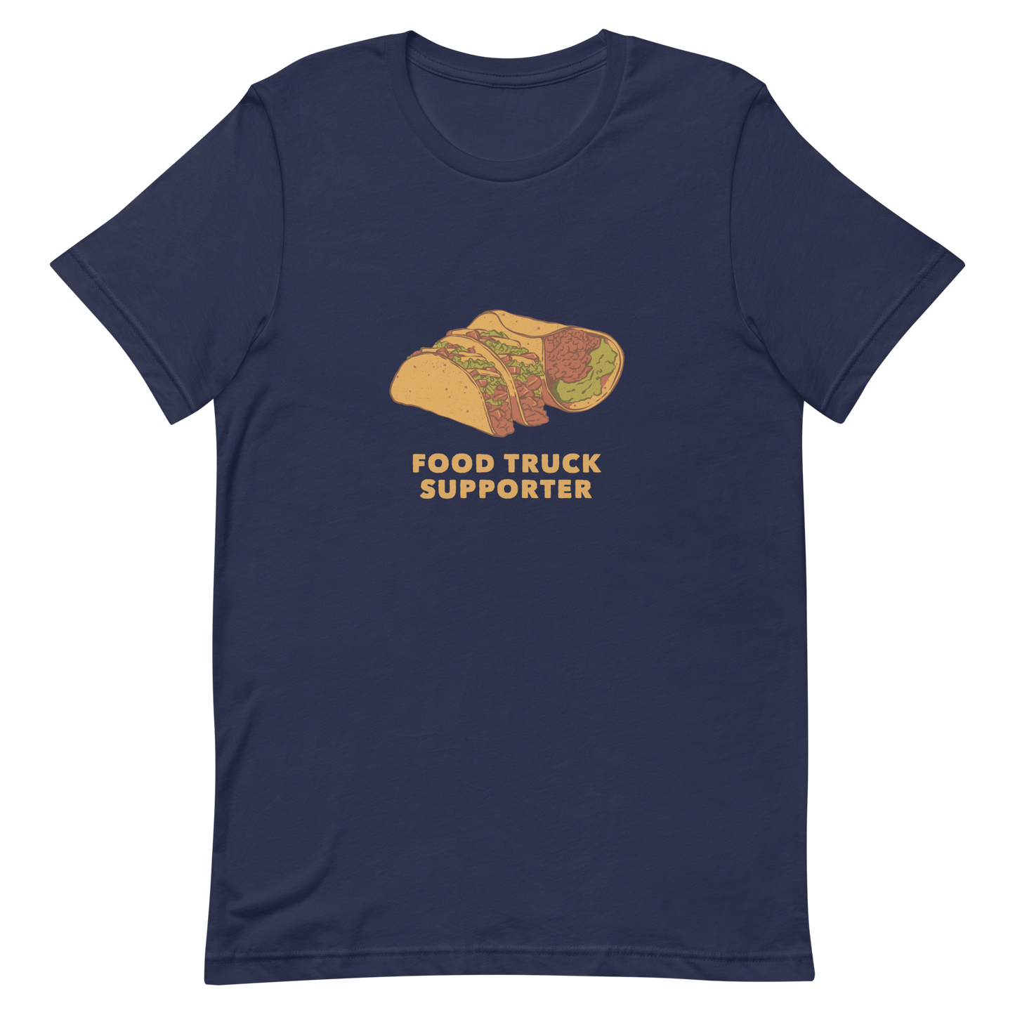 Two delicious tacos and a burrito with the phrase below "Food Truck Supporter". This design celebrates the love of street food and the joy of discovering amazing flavors on wheels. Perfect for Mexican food lovers, taco fans, and anyone who proudly supports local food trucks.