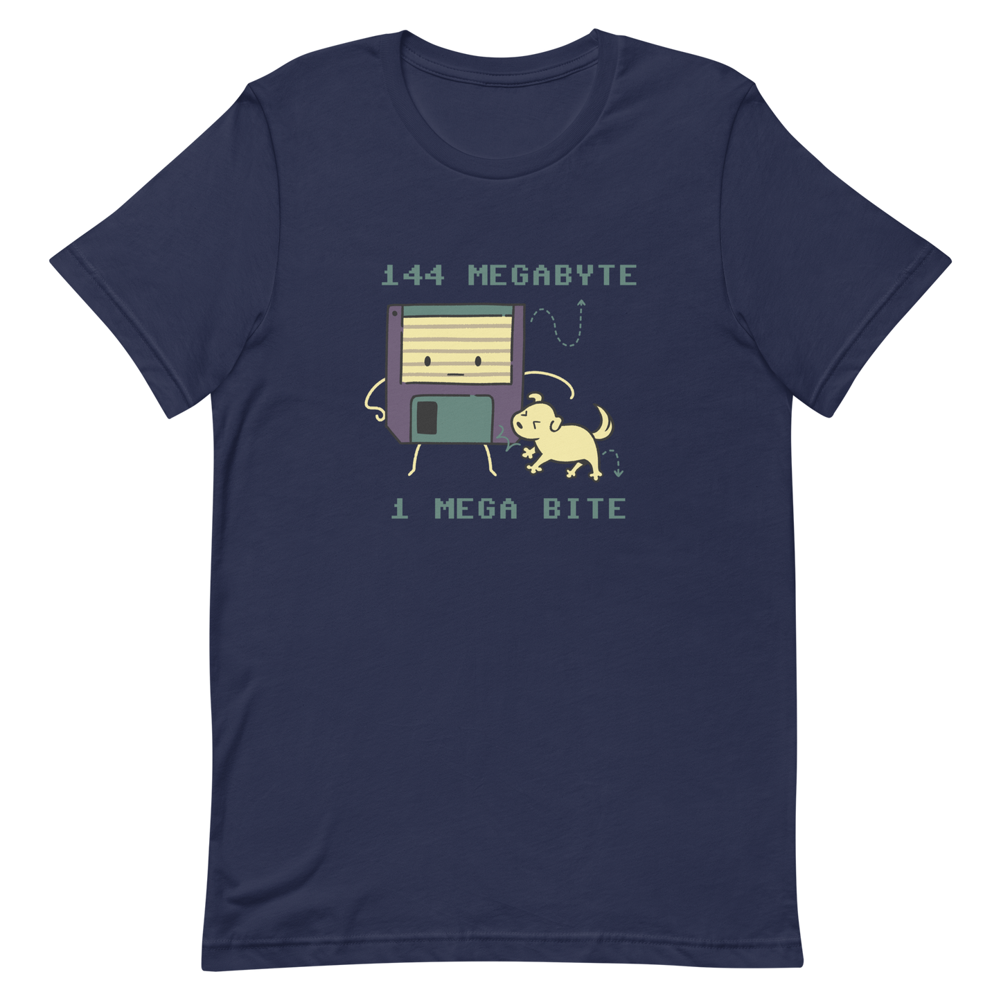 A cute floppy disk stands nervously while a little dog playfully bites its corner, with the text “144 Megabyte / 1 Mega Bite”. This clever pun mixes retro tech nostalgia with a dose of adorable chaos. Perfect for geeks, gamers and anyone who loves a good tech joke.