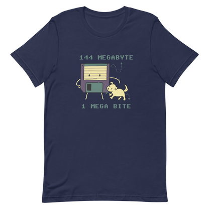 A cute floppy disk stands nervously while a little dog playfully bites its corner, with the text “144 Megabyte / 1 Mega Bite”. This clever pun mixes retro tech nostalgia with a dose of adorable chaos. Perfect for geeks, gamers and anyone who loves a good tech joke.
