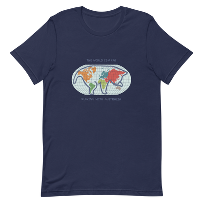 The world map forms the silhouette of a giant cat playing with Australia as if it were a toy. This design transforms the planet into a fun scene that combines humor and imagination. Ideal for cat lovers, geography enthusiasts and anyone who enjoys seeing the world with a touch of creativity.