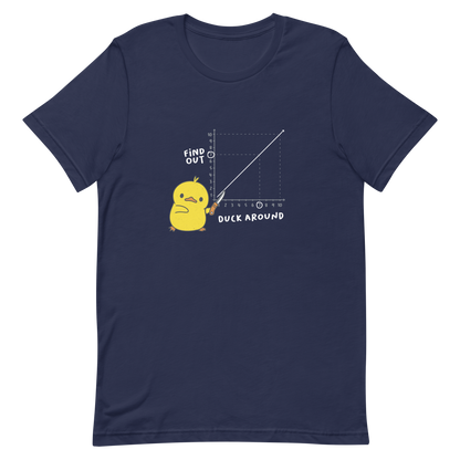 A cute little duckling holds a knife and points to a graphic depicting the inevitable connection between "Duck Around" and "Find Out." This design is a visual play on the famous "F*uck around and find out" meme, reimagined with humor and cuteness. Perfect for those who love ducks, memes, and a touch of clever chaos.