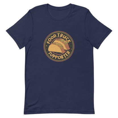 Two delicious tacos sit at the center of a bold circular badge under the phrase “Food Truck Supporter”. This design celebrates the love for street food and the joy of discovering amazing flavors on wheels. Perfect for foodies, taco lovers, and anyone who proudly supports their local food trucks.