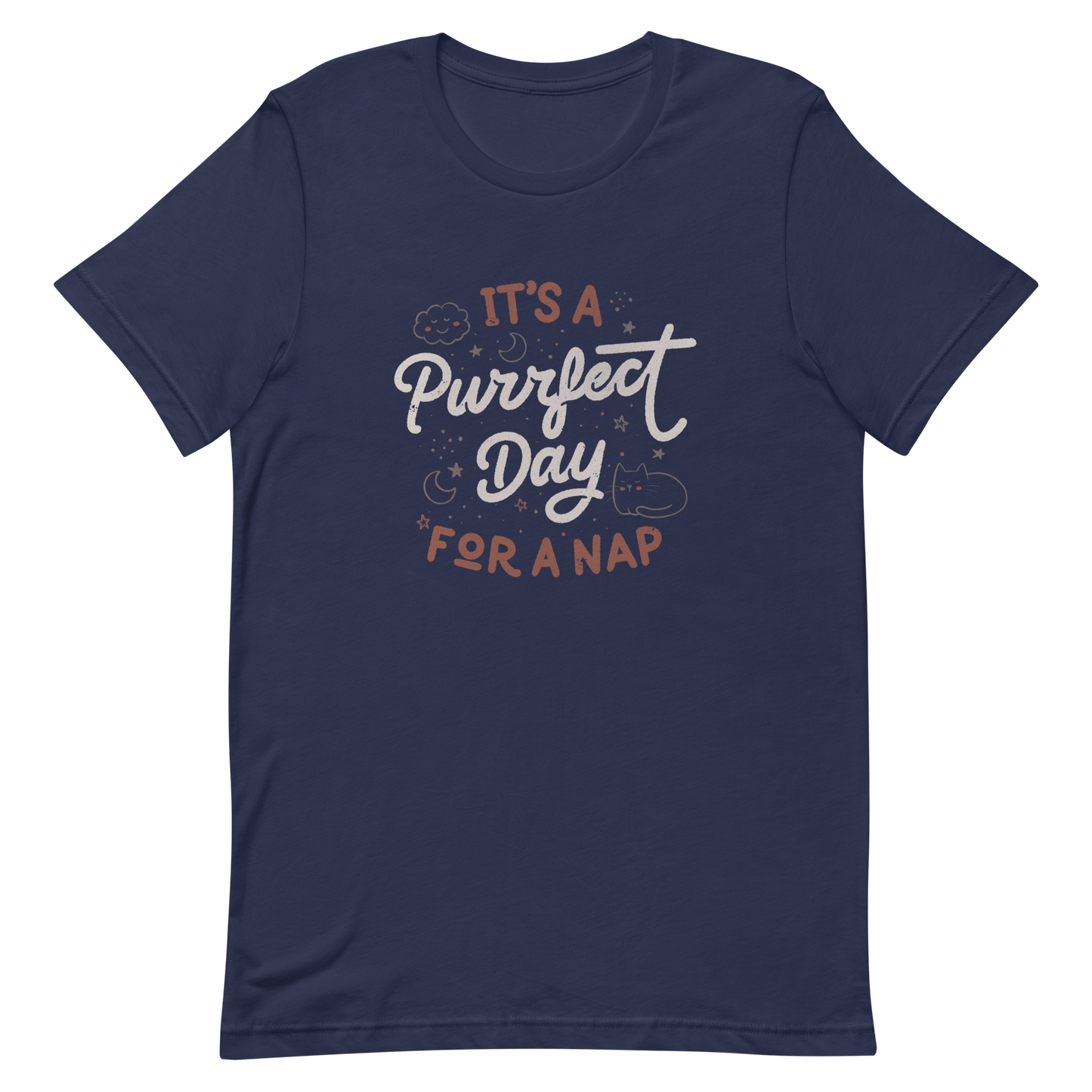 The artwork features the lettering "It's a Purrfect Day for a Nap" in a cute retro style, with a smiling cloud, stars, moons, and a relaxing kitten. This composition plays on the pun of "purrfect" and conveys all the charm of felines in their favorite moment: napping. Ideal for cat lovers, fans of funny phrases, and those who love to transform laziness into a lifestyle.