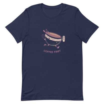 A cute coffee cup with arms and legs runs excitedly, while the drink overflows in motion. This artwork represents the energy of the first sip of coffee and the idea that everything starts better after that. Perfect for coffee lovers, people with a good sense of humor, and anyone who needs a morning energy boost.