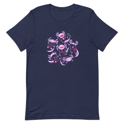 Several axolotls dressed as ninjas, each in different, energetic poses. This design combines cuteness and martial arts in a fun and unique scene. Ideal for axolotl fans, Japanese culture lovers, and those who enjoy fun and original prints.