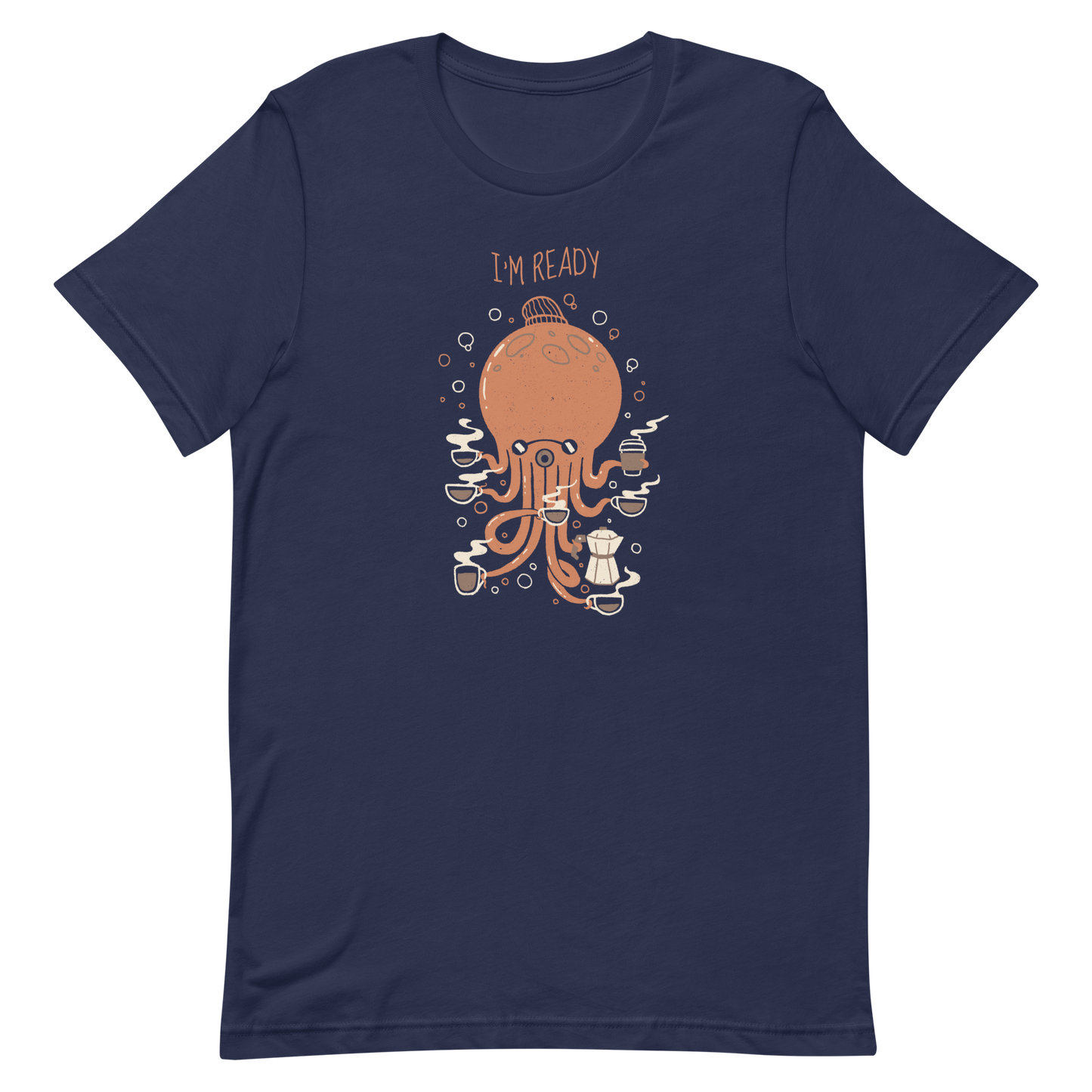An orange octopus wearing a cap, balancing several cups of steaming coffee on its tentacles. This design blends the marine world with a passion for coffee, creating a fun and energetic scene. Ideal for coffee lovers, fans of funny illustrations, and anyone who needs a stylish morning pick-me-up.