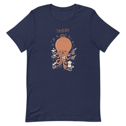 An orange octopus wearing a cap, balancing several cups of steaming coffee on its tentacles. This design blends the marine world with a passion for coffee, creating a fun and energetic scene. Ideal for coffee lovers, fans of funny illustrations, and anyone who needs a stylish morning pick-me-up.