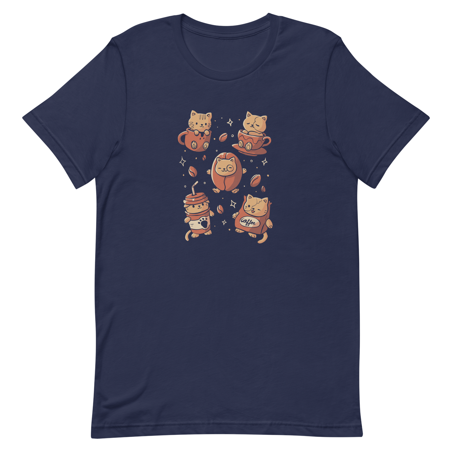 The design shows cute kittens interacting with coffee-themed elements. One kitten sits in a mug, another in a cup, a third in a coffee bean, while two wear coffee cup and bag costumes. The style is playful and cartoonish with a warm color palette and whimsical coffee beans scattered around.