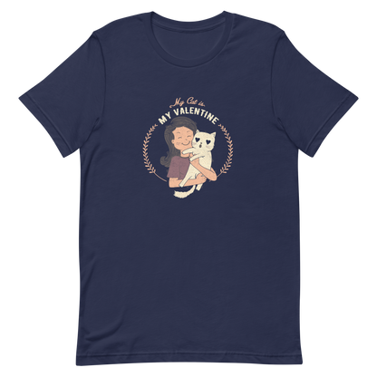 A cute illustration of a woman holding an adorable cat, paired with the phrase “My Cat Is My Valentine”. A sweet and relatable Valentine’s Day design for cat lovers.