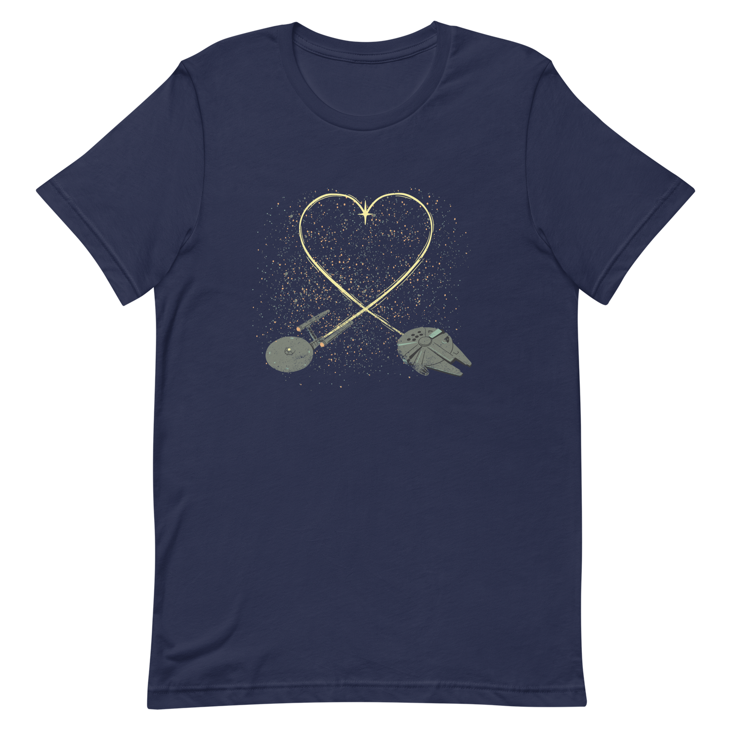 A romantic sci-fi illustration of two retro-inspired spaceships flying through space, their trails forming a heart shape. A subtle tribute to classic science fiction adventures, perfect for sci-fi fans who love a touch of romance.