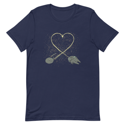 A romantic sci-fi illustration of two retro-inspired spaceships flying through space, their trails forming a heart shape. A subtle tribute to classic science fiction adventures, perfect for sci-fi fans who love a touch of romance.