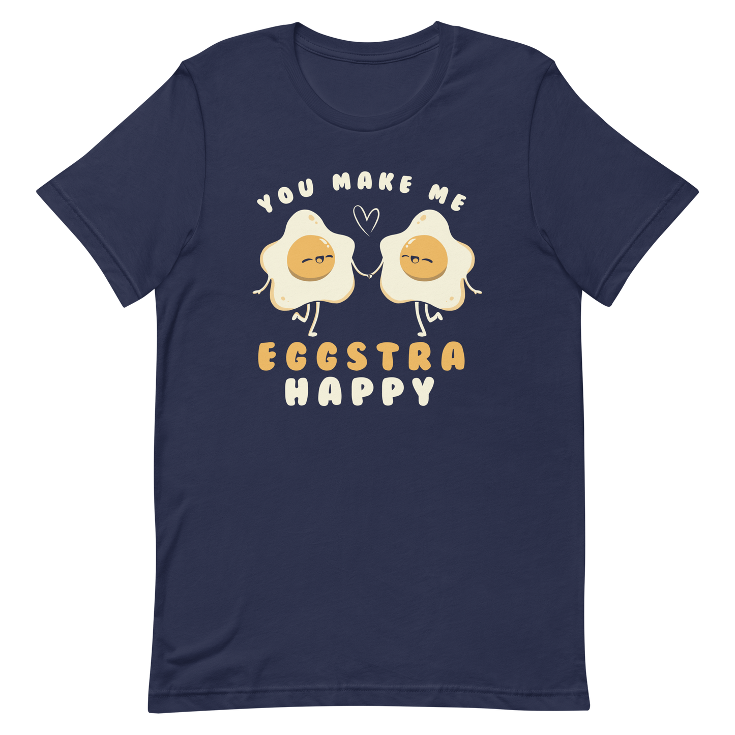 A fun and cute art of two bouncy starry eggs as if they were lovers, next to them the phrase "You make me eggstra happy". A humorous gift that combines love and eggs.