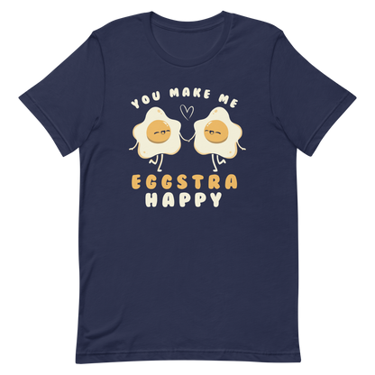 A fun and cute art of two bouncy starry eggs as if they were lovers, next to them the phrase "You make me eggstra happy". A humorous gift that combines love and eggs.