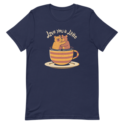 A cute Valentine’s Day illustration featuring two teddy bears hugging inside a cup of black coffee, paired with the phrase “I Love You a Latte”. A sweet and cosy design for coffee lovers, bear fans, and anyone who enjoys playful, romantic humour.

