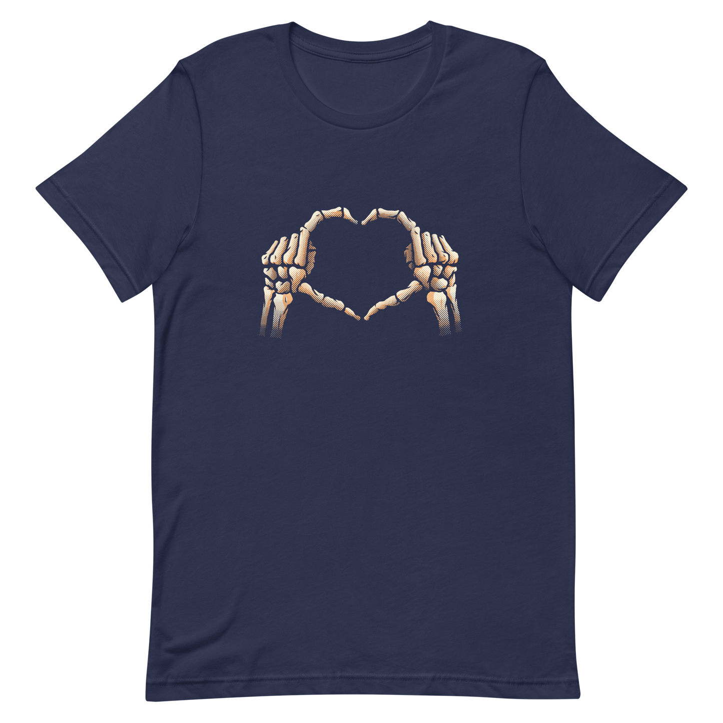 Two skeleton hands forming a heart with their fingers, an art that combines humor with love and is perfect for those who love Halloween.