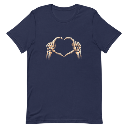Two skeleton hands forming a heart with their fingers, an art that combines humor with love and is perfect for those who love Halloween.